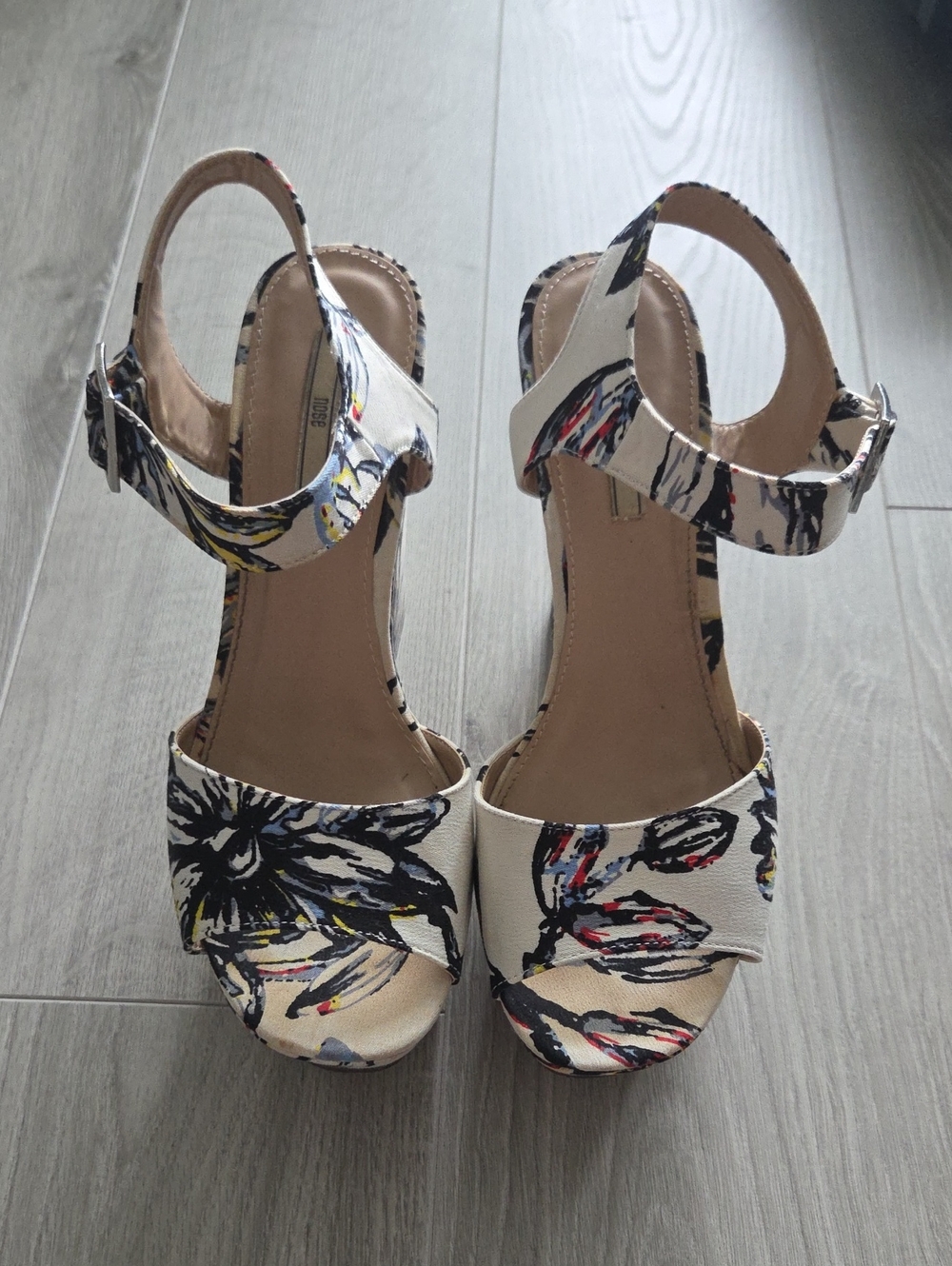 Floral Print Cream Ankle-Strap Heels
